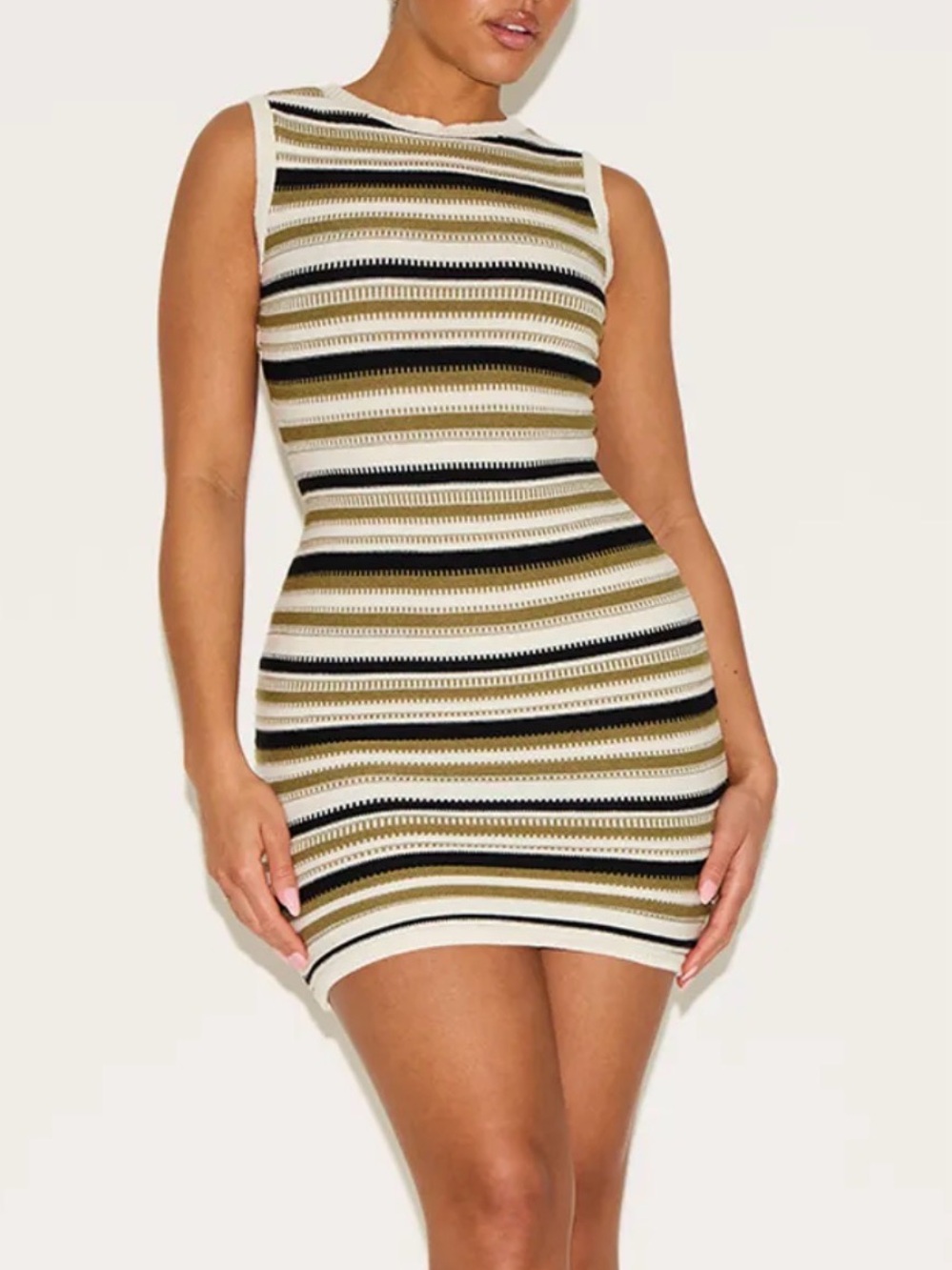 PrettyLittleThing Striped Sleeveless Mini Dress in White, Olive & Black